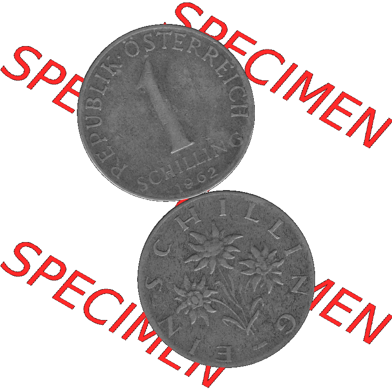 Alte Münzen Österreich 1 / Ein Schilling 1959-2001, 1 Schilling 1962-01, Edelweiß Graustufen. Vorderseite und Rückseite in Graustufen der 1 / Ein Schilling-Münze... Sammlung