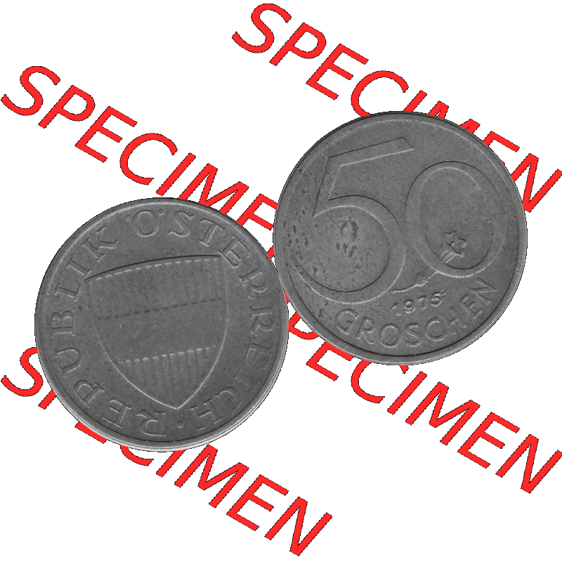 Alte Münze 50 / Fünfzig Groschen Österreich in s/w Schwarzweiß bzw. Graustufen Farbgebung von Scanner transparenten PNG 1959-2001, 50 Groschen 1975-01, Bindenschild... Sammlung
