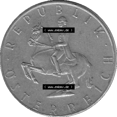 Alte Münze 5 / Fünf Schilling Österreich in s/w Schwarzweiß bzw. Graustufen Farbgebung von Scanner transparenten PNG 1968-2001, 5 Schilling 1974-02, Reiter... Sammlung