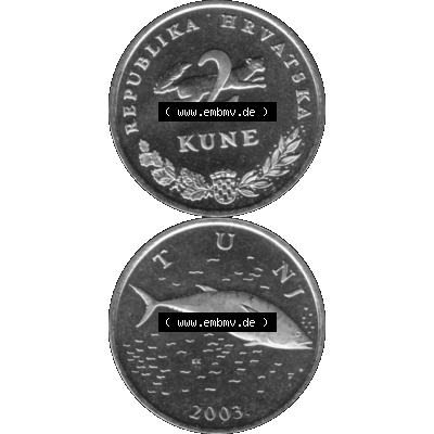 Alte Münze Kroatien Umlaufmünze 1993-2021, 2 Kune 2003-01 Graustufen Graustufen. Vorderseite und Rückseite in Graustufen der kroatischen vor-Euro-Münze, vertikal... Sammlung