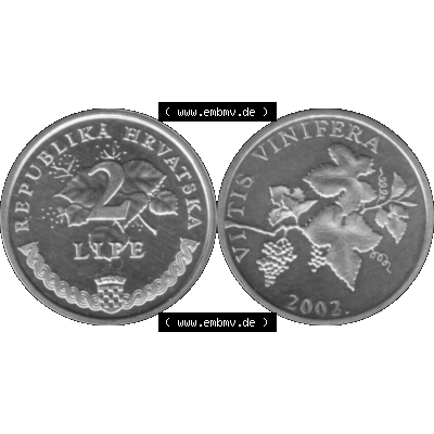 Alte Münze Kroatien Umlaufmünze 1993-2021, 2 Lipe 2002-01 Graustufen Graustufen. Vorderseite und Rückseite der kroatischen Münze / Kursmünze, vertikal auf... Sammlung