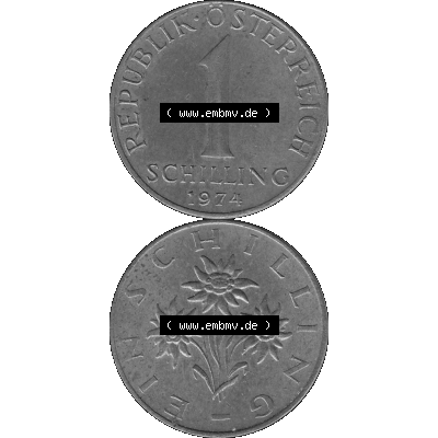 Alte Münzen Österreich 1 / Ein Schilling in Graustufen 1959-2001, 1 Schilling 1974-01, Ein Shilling Edelweiß Graustufen. Vorderseite und Rückseite in Graustufen... Sammlung