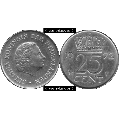 Alte Münze Niederlande in Grau 1950-1980, 25 Cent Königin Juliana 1972-01 Graustufen. Vorderseite und Rückseite horizontal auf einen digitalen grauen / Graustufen Bild der... Sammlung