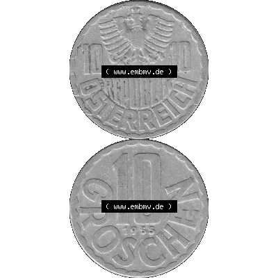 Alte Münze 10 / Zehn Groschen Österreich in s/w Schwarzweiß bzw. Graustufen Farbgebung von Scanner transparenten PNG 1951-2001, 10 Groschen 1955-01 Graustufen.... Sammlung