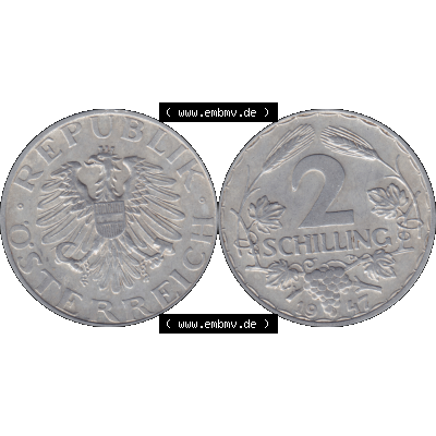 Alte Münze aus Österreich als PNG-Grafik 1946-1952, 2 Schilling 1947-01. Vorderseite und Rückseite der 2 Schilling Münze horizontal auf einen digitalen Bild der alten österreichischen... Sammlung