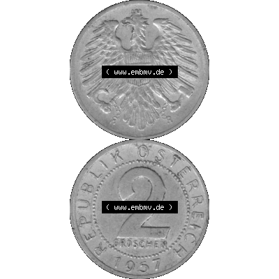 Alte Münze aus Österreich als PNG-Grafik 1950-1994, 2 Groschen 1957-01 Graustufen. Vorderseite und Rückseite in Graustufen der 2 Groschen Münze vertikal auf einen digitalen... Sammlung