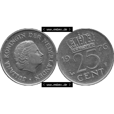 Alte Münze Niederlande in Grau 1950-1980, 25 Cent Königin Juliana 1976-01 Graustufen. Vorderseite und Rückseite horizontal auf einen digitalen grauen / Graustufen Bild der... Sammlung