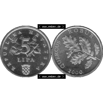 Alte Münze Kroatien Umlaufmünze 1994-2021, 5 Lipa 2000-01 Graustufen Graustufen. Vorderseite und Rückseite der kroatischen Münze / Kursmünze, vertikal auf... Sammlung