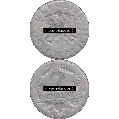 Alte Münze aus Österreich als PNG-Grafik 1946-1952, 2 Schilling 1947-01. Vorderseite und Rückseite der 2 Schilling Münze vertikal auf einen digitalen Bild der alten österreichischen... Sammlung