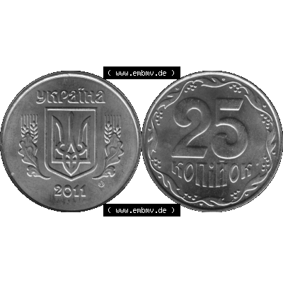 Alte Münze aus der Ukraine als PNG-Grafik 2001-02 016, 25 Kopeken 2011-01 Graustufen. Vorderseite und Rückseite der ukrainischen Münze vertikal auf einen digitalen Graustufen... Sammlung