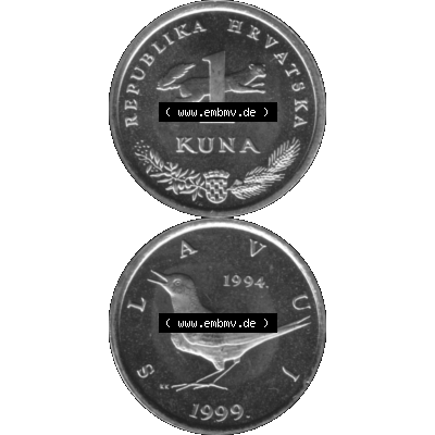 Alte Münze Kroatien Umlaufmünze 1993-2021, 1 Kuna 1999-01 Graustufen Graustufen. Vorderseite und Rückseite in Graustufen der kroatischen vor-Euro-Münze, vertikal... Sammlung