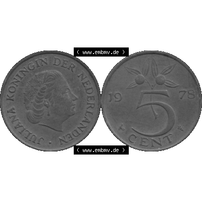 Alte Münze Niederlande in Grau 1950-1980, 5 Cent Königin Juliana 1978-01 Graustufen. Vorderseite und Rückseite horizontal auf einen digitalen grauen / Graustufen Bild der... Sammlung