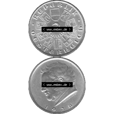 Alte Münze Österreich 1928-1928, 2 Schilling 1928-01, Silbermünze Franz Schubert Graustufen. Vorderseite und Rückseite in Graustufen der 2 / Zwei Schilling-Münze... Sammlung