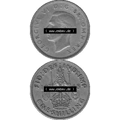 Alte Münze Großbritannien, Bild in s/w bzw. Graustufen PNG-Grafik 1947-1948, 1 One Schilling - One Shilling, 1948-02 Sitzender gekrönter Löwe auf Krone... Sammlung
