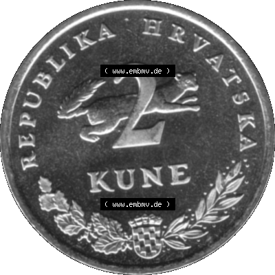 Alte Münze Kroatien Umlaufmünze 1993-2021, 2 Kune 2003-01 Graustufen Graustufen. Vorderseite in Graustufen der Münze aus Kroatien auf einen digitalen PNG-Bild der alten Umlaufmünze... Sammlung