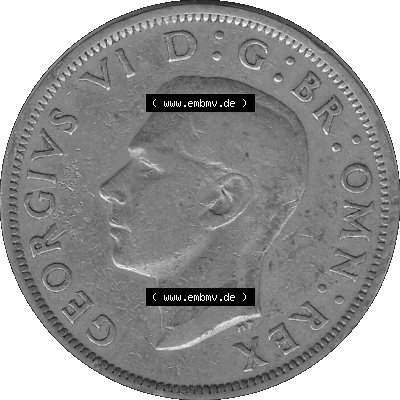 Alte Münze Großbritannien, Bild in s/w bzw. Graustufen PNG-Grafik 1947-1948, Halbe - 1/2 Krone, Half Crown 1948-01, George VI, FID DEF IND IMP HALF... Sammlung