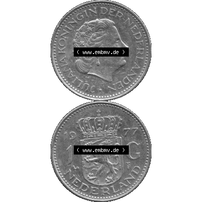 Alte Münze Niederlande in Grau 1967-1980, 1 Gulden Königin Juliana 1977-01. Graustufen. Vorderseite und Rückseite vertikal auf einen digitalen Bild in grau / Graustufen... Sammlung