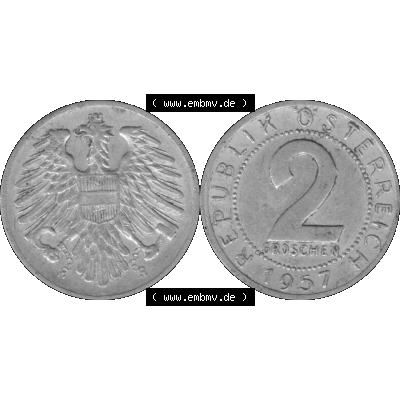 Alte Münze aus Österreich als PNG-Grafik 1950-1994, 2 Groschen 1957-01 Graustufen. Vorderseite und Rückseite der 2 Groschen Münze vertikal auf einen digitalen Graustufen... Sammlung