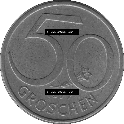 Alte Münze 50 / Fünfzig Groschen Österreich in s/w Schwarzweiß bzw. Graustufen Farbgebung von Scanner transparenten PNG 1959-2001, 50 Groschen 1977-01, Bindenschild... Sammlung