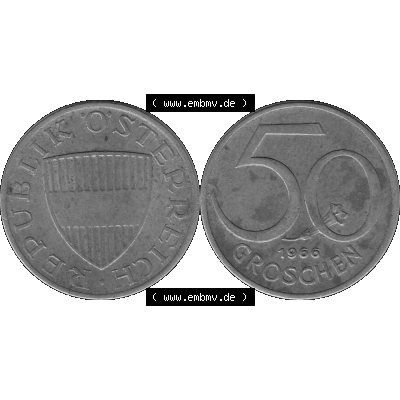 Alte Münze 50 / Fünfzig Groschen Österreich in s/w Schwarzweiß bzw. Graustufen Farbgebung von Scanner transparenten PNG 1959-2001, 50 Groschen 1966-01, Bindenschild... Sammlung