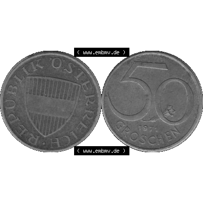 Alte Münze 50 / Fünfzig Groschen Österreich in s/w Schwarzweiß bzw. Graustufen Farbgebung von Scanner transparenten PNG 1959-2001, 50 Groschen 1971-01, Bindenschild... Sammlung