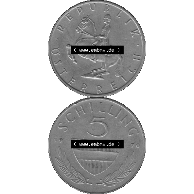 Alte Münze 5 / Fünf Schilling Österreich in s/w Schwarzweiß bzw. Graustufen Farbgebung von Scanner transparenten PNG 1968-2001, 5 Schilling 1970-02, Reiter... Sammlung