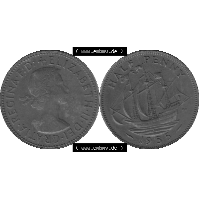 Alte Münze Großbritannien Umlaufmünze Half Penny, 1/2 Pence 1954-1970, Half Penny, Halber Pence 1955-01, Elisabeth II. - Schriftzug ELIZABETH II DEI GRATIA... Sammlung