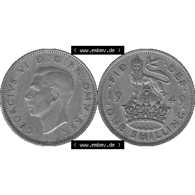 Alte Münze Großbritannien, Bild in s/w bzw. Graustufen PNG-Grafik 1949-1951, 1 One Schilling - One Shilling, 1949-01 Stehender gekrönter Löwe auf Krone... Sammlung