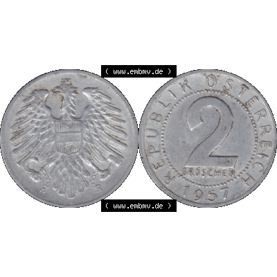 Alte Münze aus Österreich als PNG-Grafik 1950-1994, 2 Groschen 1957-01. Vorderseite und Rückseite der 2 Groschen Münze horizontal auf einen digitalen Bild der alten österreichischen... Sammlung