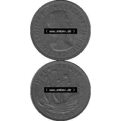 Alte Münze Großbritannien Umlaufmünze Half Penny, 1/2 Pence 1954-1970, Half Penny, Halber Pence 1955-01, Elisabeth II. - Schriftzug ELIZABETH II DEI GRATIA... Sammlung