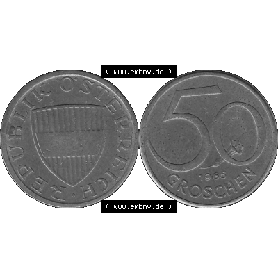 Alte Münze 50 / Fünfzig Groschen Österreich in s/w Schwarzweiß bzw. Graustufen Farbgebung von Scanner transparenten PNG 1959-2001, 50 Groschen 1965-01, Bindenschild... Sammlung