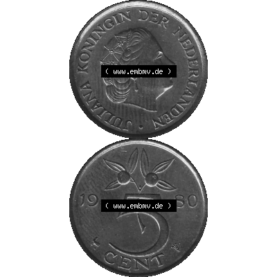 Alte Münze Niederlande in Grau 1950-1980, 5 Cent Königin Juliana 1980-02 Graustufen. Vorderseite und Rückseite vertikal auf einen digitalen in grau / Graustufen umgewandeltes... Sammlung
