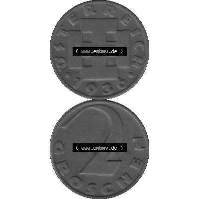 Alte Münze 2 / Zwei Groschen Österreich in s/w Schwarzweiß bzw. Graustufen Farbgebung von Scanner transparenten PNG 1925-1938, 2 Zwei Groschen, Krückenkreuz... Sammlung