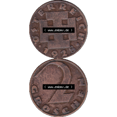 Alte Münze 2 / Zwei Groschen Österreich in original Farbgebung von Scanner transparenten PNG 1925-1938, 2 Zwei Groschen, Krückenkreuz 1928-01. Vorderseite und Rückseite... Sammlung