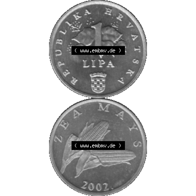 Alte Münze Kroatien Umlaufmünze 1994-2022, 1 Lipa 2002-01 Graustufen Graustufen. Vorderseite und Rückseite in Graustufen der kroatischen vor-Euro-Münze, vertikal... Sammlung