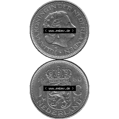Alte Münze Niederlande in Grau 1967-1980, 1 Gulden Königin Juliana 1980-01. Graustufen. Vorderseite und Rückseite vertikal auf einen digitalen Bild in grau / Graustufen... Sammlung
