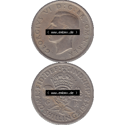 Alte Münze Großbritannien, Bild in Farbe bzw. Color PNG-Grafik, Umlaufmünze aus dem Zeitraum 1947-1948, 2 Schilling-Florin, Two Shillings, 1948-06,... Sammlung