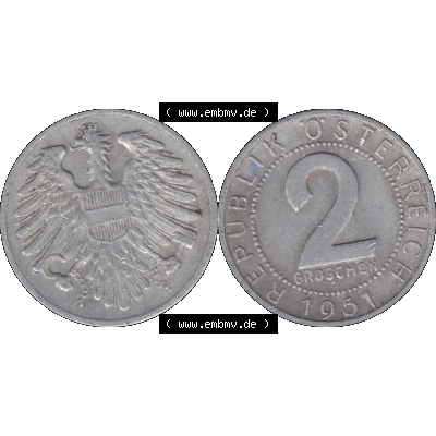 Alte Münze aus Österreich als PNG-Grafik 1950-1994, 2 Groschen 1951-01. Vorderseite und Rückseite der 2 Groschen Münze horizontal auf einen digitalen Bild der alten österreichischen... Sammlung