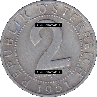 Alte Münze aus Österreich als PNG-Grafik 1950-1994, 2 Groschen 1951-01. Rückseite der alten 2 Groschen Umlaufmünze aus Österreich, Münze wurde vor dem Euro... Sammlung