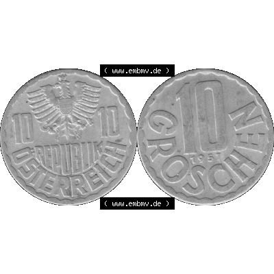 Alte Münze 10 / Zehn Groschen Österreich in s/w Schwarzweiß bzw. Graustufen Farbgebung von Scanner transparenten PNG 1951-2001, 10 Groschen 1957-01 Graustufen.... Sammlung