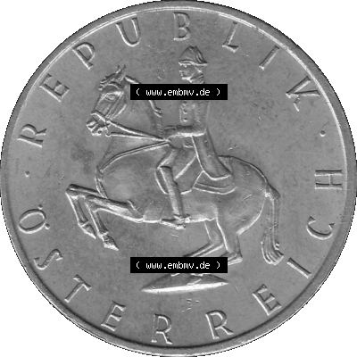 Alte Münze 5 / Fünf Schilling Österreich in s/w Schwarzweiß bzw. Graustufen Farbgebung von Scanner transparenten PNG 1968-2001, 5 Schilling 1969-01, Reiter... Sammlung