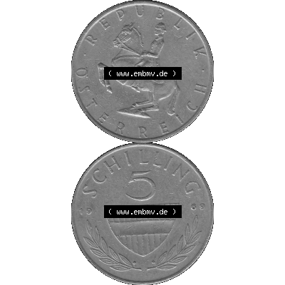 Alte Münze 5 / Fünf Schilling Österreich in s/w Schwarzweiß bzw. Graustufen Farbgebung von Scanner transparenten PNG 1968-2001, 5 Schilling 1969-02, Reiter... Sammlung