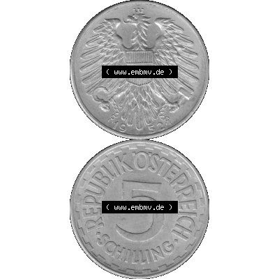 Alte Münze aus Österreich als PNG-Grafik 1952-1957, 5 Schilling 1952-01 Graustufen. Vorderseite und Rückseite in Graustufen der 5 Schilling Münze vertikal auf einen digitalen... Sammlung