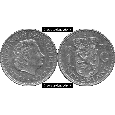 Alte Münze Niederlande in Grau 1967-1980, 1 Gulden Königin Juliana 1977-01. Graustufen. Vorderseite und Rückseite horizontal auf einen digitalen grauen / Graustufen... Sammlung