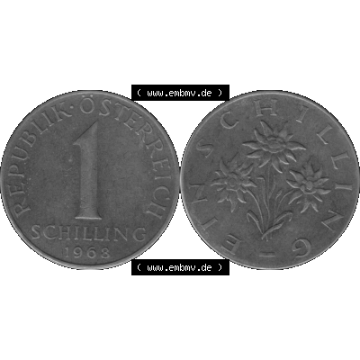 Alte Münzen Österreich 1 / Ein Schilling in Graustufen 1959-2001, 1 Schilling 1968-01 Graustufen. Vorderseite und Rückseite der Österreich Zweite Republik 1 / Ein... Sammlung