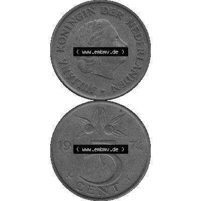 Alte Münze Niederlande in Grau 1950-1980, 5 Cent Königin Juliana 1974-01 Graustufen. Vorderseite und Rückseite vertikal auf einen digitalen in grau / Graustufen umgewandeltes... Sammlung