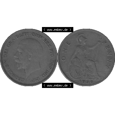 Alte Münze Großbritannien Umlaufmünze One Penny, 1 Pence 1928-1936, 1 One Penny, 1936-01, George V. BM GEORGIVS V DEI GRABRITTOMNREX FIDDEFINDIMP Graustufen.... Sammlung