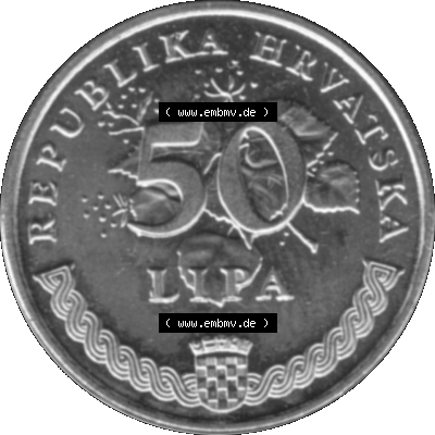 Alte Münze Kroatien Umlaufmünze 1993-2021, 50 Lipa 2003-01 Graustufen Graustufen. Vorderseite in Graustufen der Münze aus Kroatien auf einen digitalen PNG-Bild der alten Umlaufmünze... Sammlung