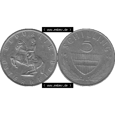 Alte Münze 5 / Fünf Schilling Österreich in s/w Schwarzweiß bzw. Graustufen Farbgebung von Scanner transparenten PNG 1968-2001, 5 Schilling 1970-01, Reiter... Sammlung