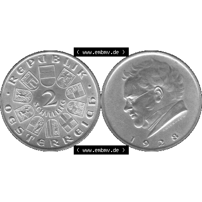 Alte Münze Österreich 1928-1928, 2 Schilling 1928-01, Silbermünze Franz Schubert Graustufen. Vorderseite und Rückseite der Österreich Erste Republik 2 /... Sammlung